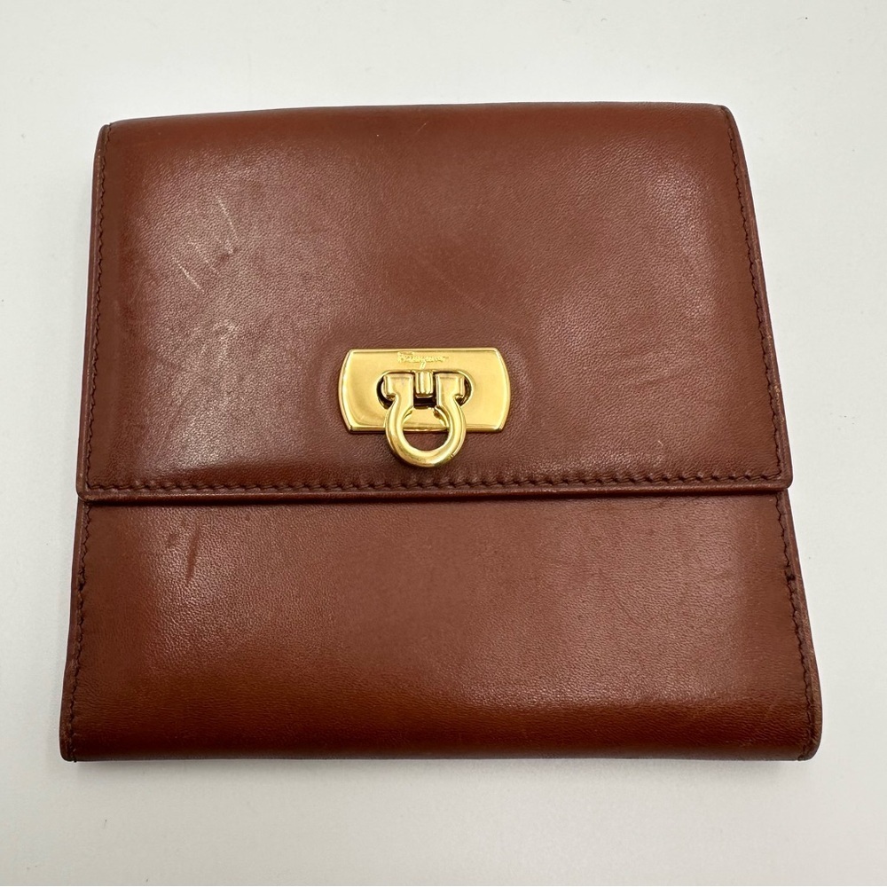 Salvatore Ferragamo Brown Leather Bi-Fold Wallet Gancini